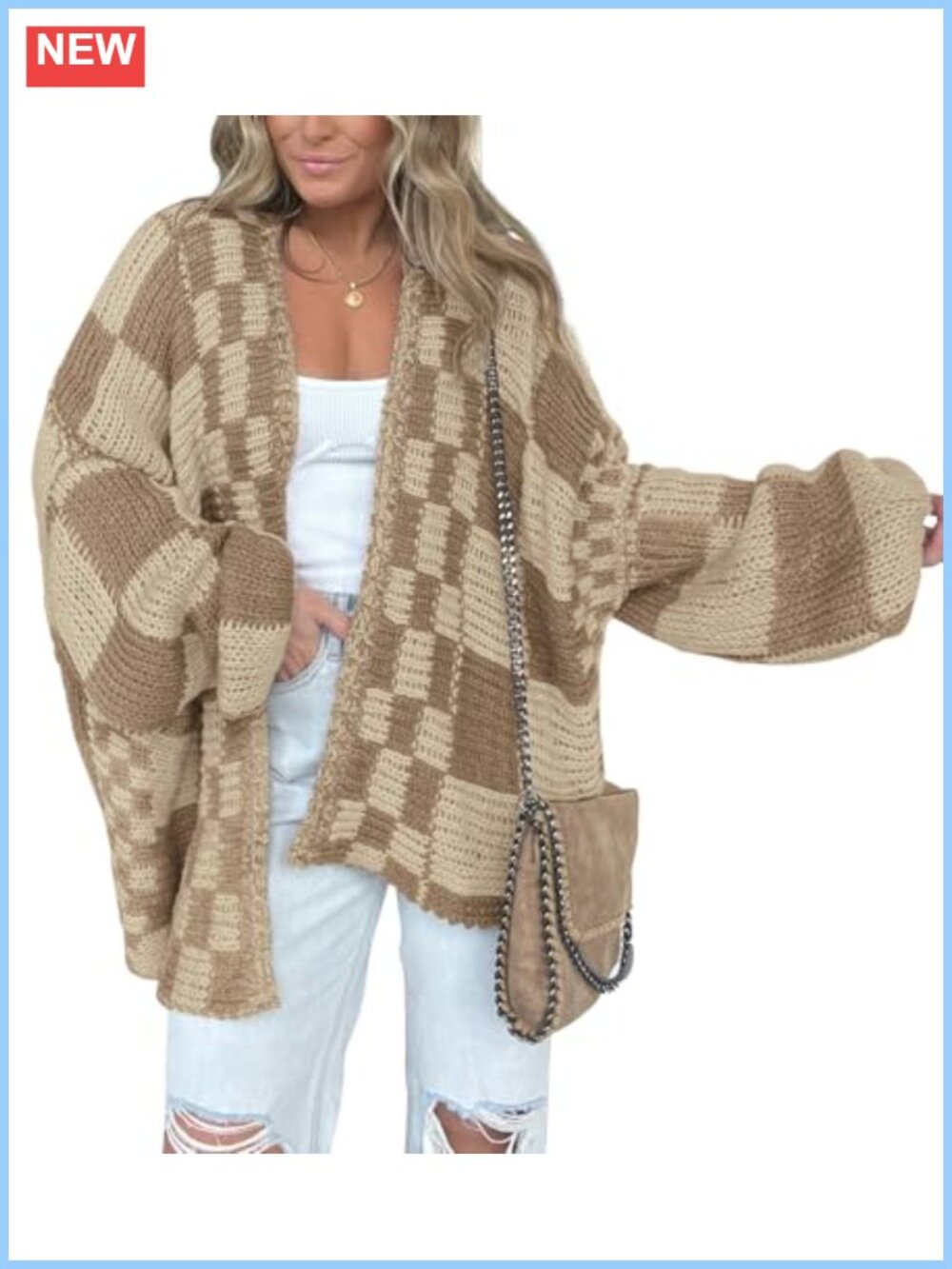 Womens Open Front Long Sleeve Cardigan Sweater Checkered Knit Winter Fall